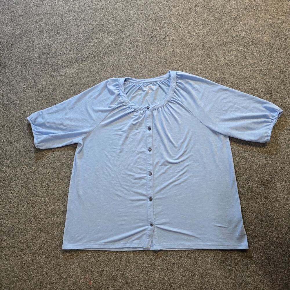 LL Bean Top Womens Size XL Blue Button Up Short Sleeve Round Neck Casual Minimal